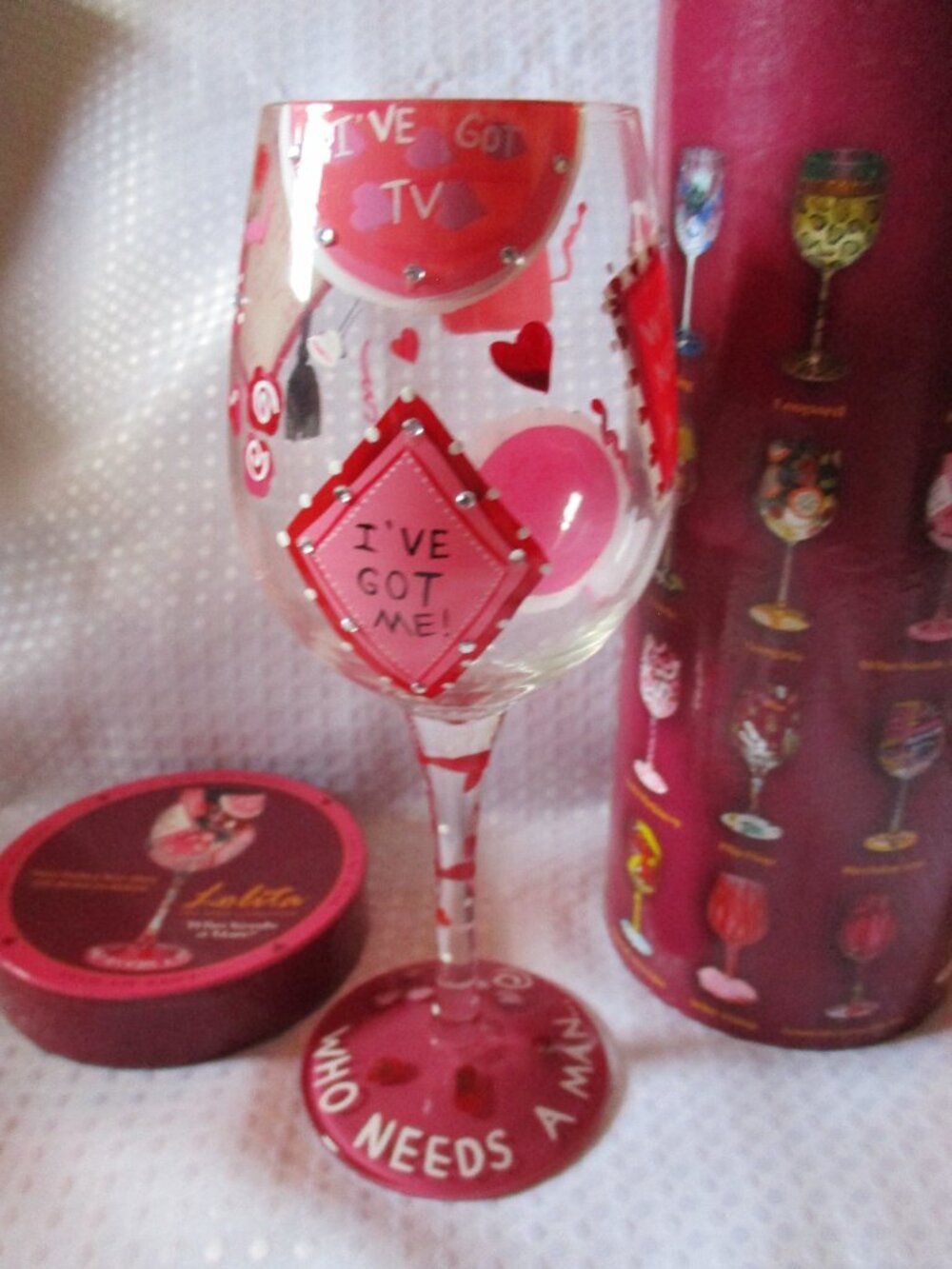 Santa Barbara Lolita Collection 'WHO NEEDS A MAN' Hand Painted Wine Glass & Box